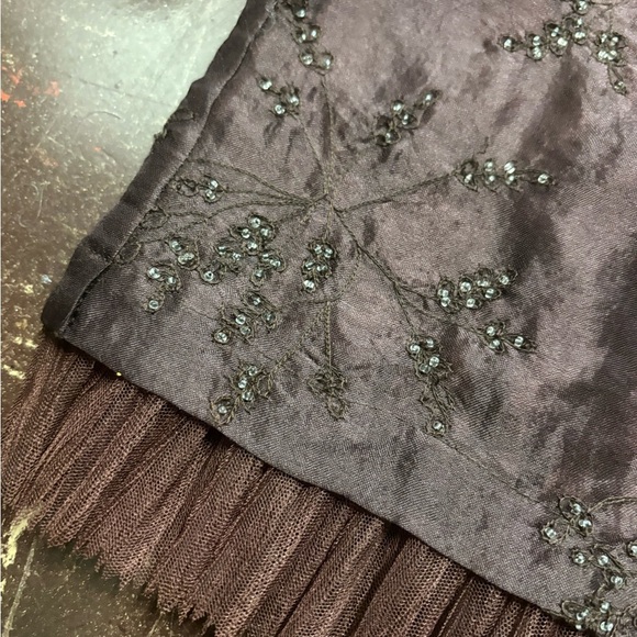 Vintage Y2K 2000s silk brown fairy core coquette midi embroidered mesh skirt 2 - Picture 2 of 10